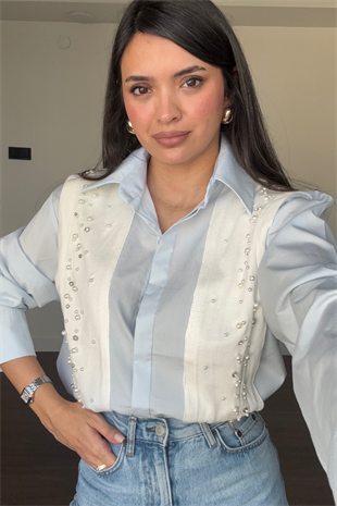 Taş Detaylı Tasarım Gömlek-Mavi