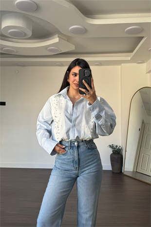 Taş Detaylı Tasarım Gömlek-Mavi