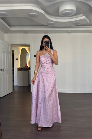 Tek Omuz Çiçek Desenli Elbise-Pembe