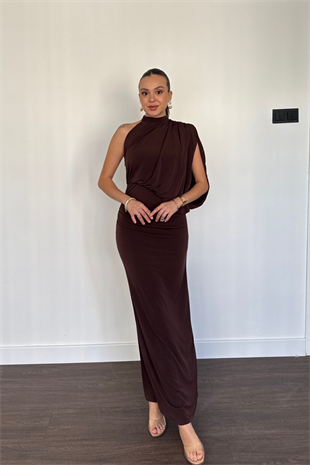 Tek Omuz Drape Detaylı Elbise-Kahve