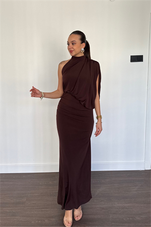 Tek Omuz Drape Detaylı Elbise-Kahve