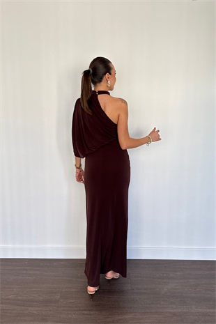 Tek Omuz Drape Detaylı Elbise-Kahve