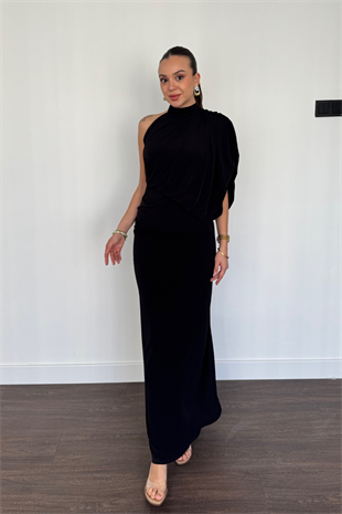 Tek Omuz Drape Detaylı Elbise-Siyah