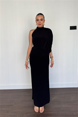 Tek Omuz Drape Detaylı Elbise-Siyah