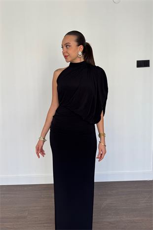 Tek Omuz Drape Detaylı Elbise-Siyah