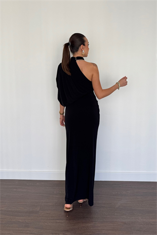 Tek Omuz Drape Detaylı Elbise-Siyah