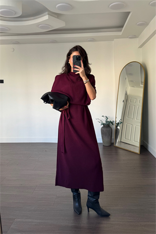 Triko Kuşaklı Midi Elbise-Bordo