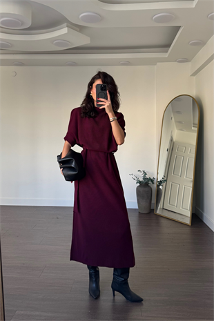Triko Kuşaklı Midi Elbise-Bordo