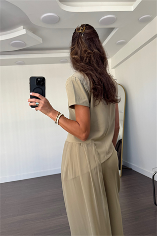 Tül Detaylı Bluz Pantolon Takım-Bej
