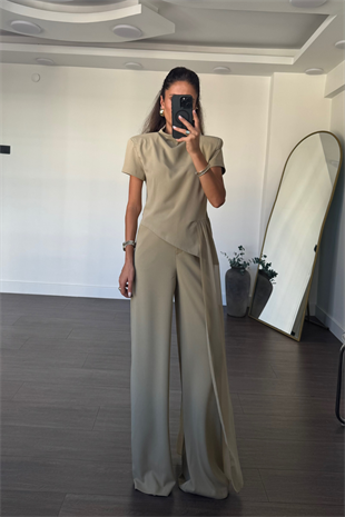 Tül Detaylı Bluz Pantolon Takım-Bej
