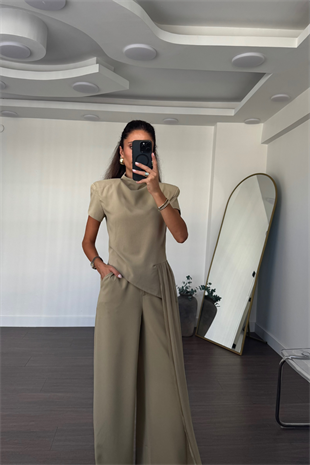 Tül Detaylı Bluz Pantolon Takım-Bej