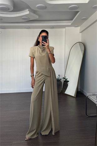 Tül Detaylı Bluz Pantolon Takım-Bej