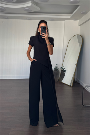 Tül Detaylı Bluz Pantolon Takım-Siyah
