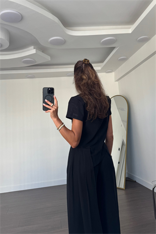Tül Detaylı Bluz Pantolon Takım-Siyah