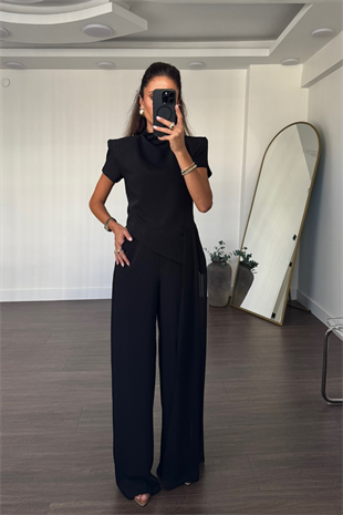 Tül Detaylı Bluz Pantolon Takım-Siyah