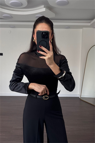 Tül Detaylı Kadife Bodysuit-Siyah