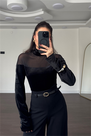 Tül Detaylı Kadife Bodysuit-Siyah