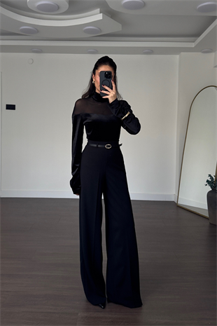 Tül Detaylı Kadife Bodysuit-Siyah