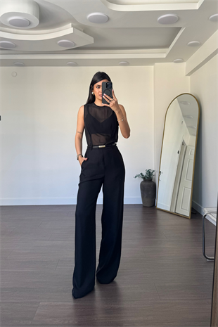 Tül Detaylı Tulum-Siyah