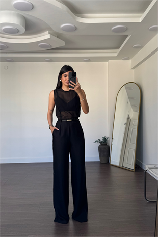 Tül Detaylı Tulum-Siyah