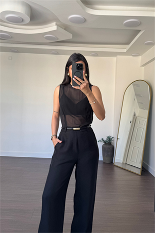 Tül Detaylı Tulum-Siyah