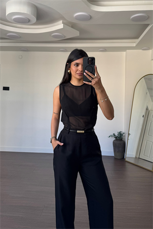 Tül Detaylı Tulum-Siyah