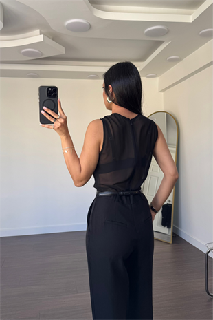 Tül Detaylı Tulum-Siyah