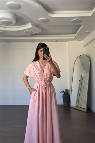 V Yaka Bağlama Detaylı Elbise-Pembe