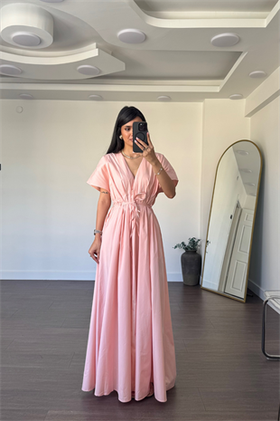 V Yaka Bağlama Detaylı Elbise-Pembe