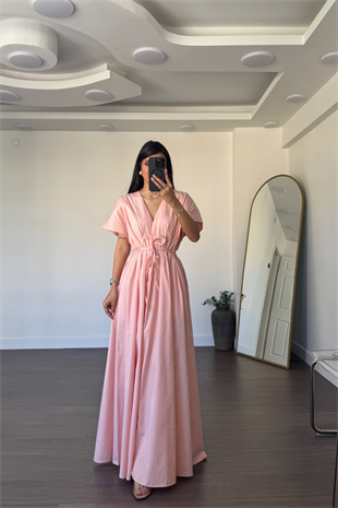 V Yaka Bağlama Detaylı Elbise-Pembe