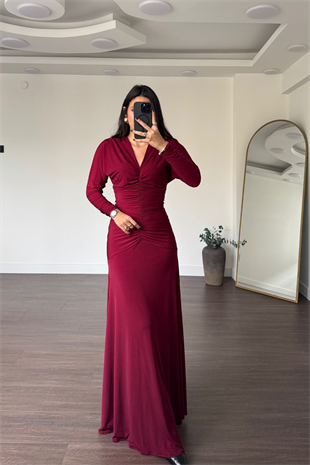 V Yaka Drape Detay Elbise-Bordo
