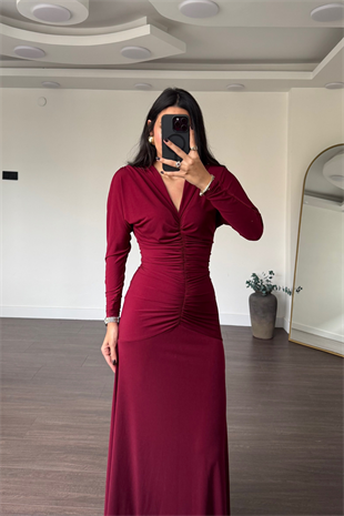 V Yaka Drape Detay Elbise-Bordo