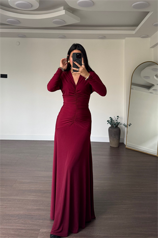 V Yaka Drape Detay Elbise-Bordo