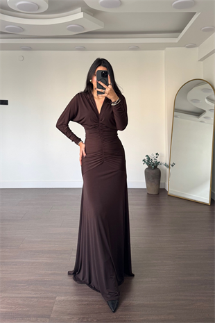 V Yaka Drape Detay Elbise-Kahve