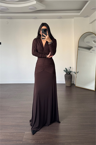 V Yaka Drape Detay Elbise-Kahve