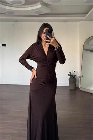 V Yaka Drape Detay Elbise-Kahve