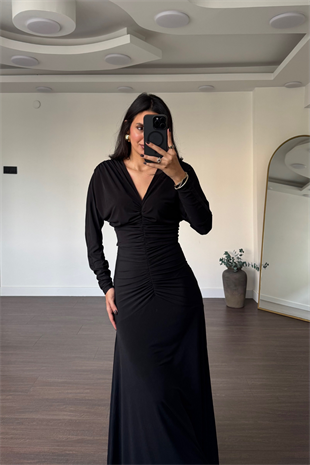 V Yaka Drape Detay Elbise-Siyah