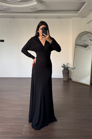 V Yaka Drape Detay Elbise-Siyah