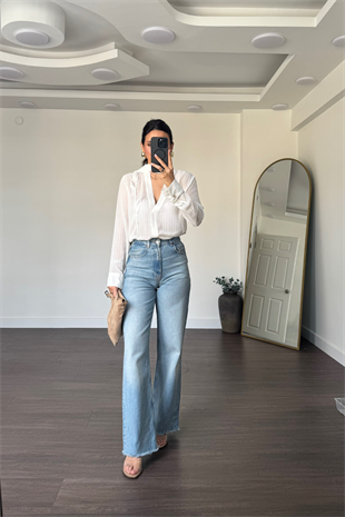 V Yaka Fular Detaylı Bluz-Ekru