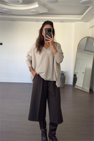 V Yaka Oversize Triko Kazak-Bej
