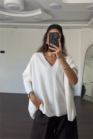 V Yaka Oversize Triko Kazak-Ekru
