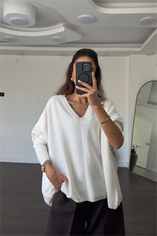 V Yaka Oversize Triko Kazak-Ekru