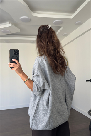 V Yaka Oversize Triko Kazak-Gri