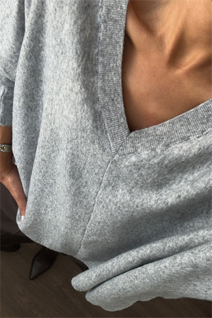 V Yaka Oversize Triko Kazak-Gri