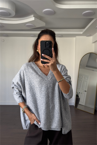 V Yaka Oversize Triko Kazak-Gri