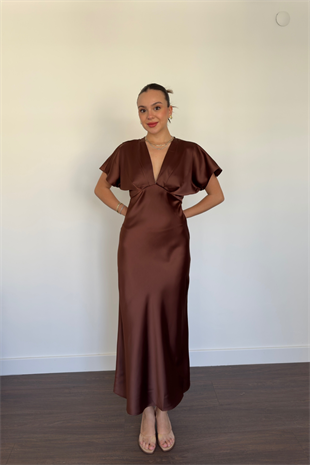 V Yaka Saten Elbise-Kahve