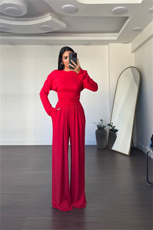 Vatkalı Beli Ayarlanabilir Bluz Pantolon Takım-Kırmızı