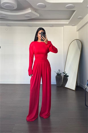 Vatkalı Beli Ayarlanabilir Bluz Pantolon Takım-Kırmızı