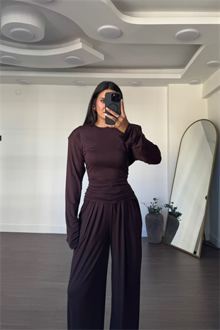 Vatkalı Beli Ayarlanabilir Bluz Pantolon Takım-Kahve
