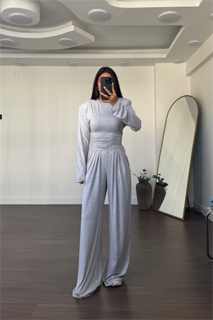 Vatkalı Beli Ayarlanabilir Bluz Pantolon Takım-Gri